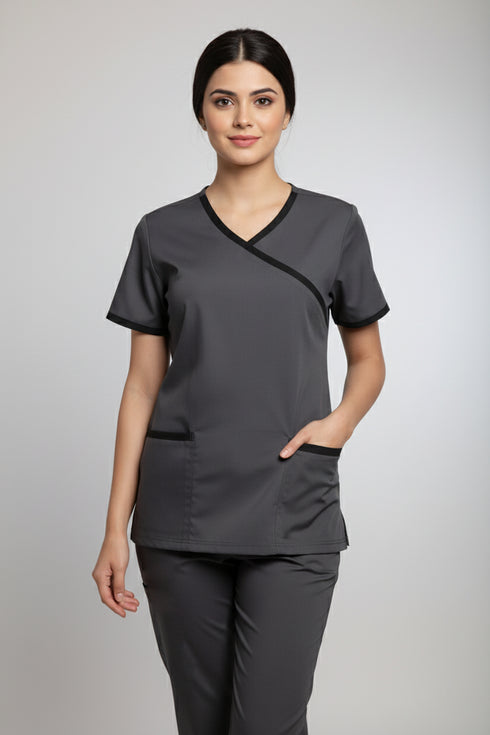 Women's 2-Pocket Mock Wrap Scrub with Contrast-Cotton-Polyester Blend